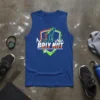 Men's blue sleeveless tank top with "HOLY HIIT" text and a dynamic graphic of a person exercising with a kettlebell