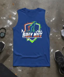 Men's blue sleeveless tank top with "HOLY HIIT" text and a dynamic graphic of a person exercising with a kettlebell