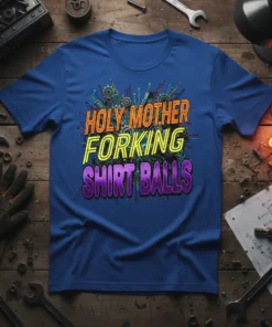 Holy Mother Forking Shirt Balls funny quote t-shirt with colorful typography and mechanical gears graphic