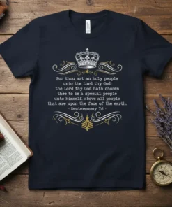 Navy t-shirt featuring the Bible verse Deuteronomy 7:6: "For thou art an holy people unto the Lord thy God" with