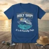 T-shirt design featuring "HOLY SHIP! It's A Family Trip" text and a cruise ship graphic on blue fabric
