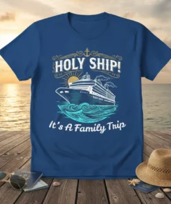 T-shirt design featuring "HOLY SHIP! It's A Family Trip" text and a cruise ship graphic on blue fabric