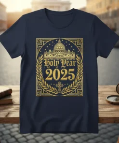 Holy Year 2025 t-shirt design featuring St. Peter's Basilica, laurel wreath, and cross graphic