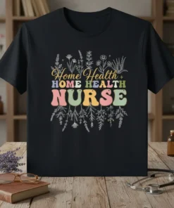 Home Health Nurse t-shirt with "Home Health Nurse" text in colorful retro font and floral accents