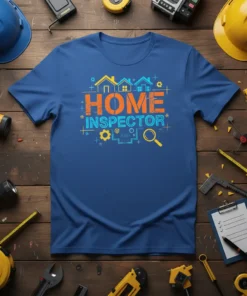 Home Inspector text with house graphics and blueprint elements on a blue t-shirt