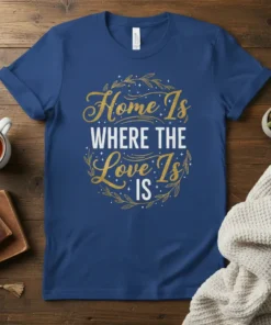 Home Is WHERE THE Love Is IS quote in gold and white script and block letters, framed by a laurel