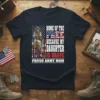 Proud Army Mom t-shirt design with American flag background, a female soldier graphic, and the text "Home of the Free