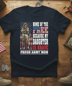 Proud Army Mom t-shirt design with American flag background, a female soldier graphic, and the text "Home of the Free