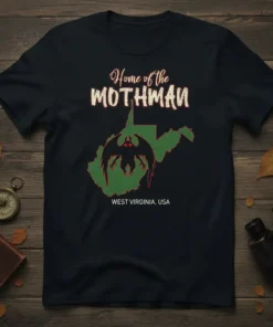 Home of the Mothman West Virginia USA t-shirt design featuring a stylized Mothman graphic within the state outline