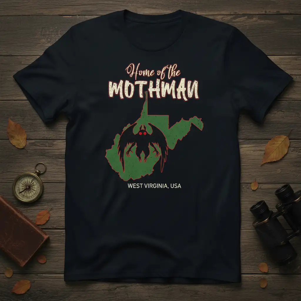 Home of the Mothman West Virginia USA t-shirt graphic with distressed state outline and Mothman illustration