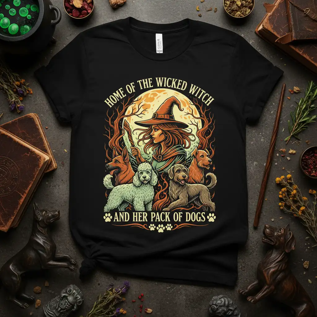 Home of the Wicked Witch and Her Pack of Dogs graphic tee with witch and canine companions illustration
