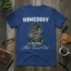 Homebody Anti-Social Club t-shirt design featuring a cozy armchair, bookshelf, and books in a gothic window setting