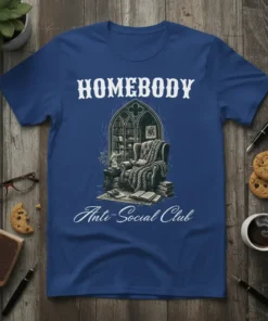 Homebody Anti-Social Club t-shirt design featuring a cozy armchair, bookshelf, and books in a gothic window setting