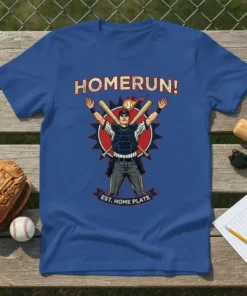 HOMERUN! EST. HOME PLATE baseball catcher t-shirt design with retro style and vibrant colors