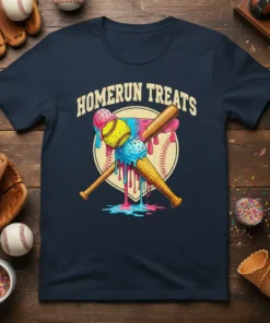Homerun Treats t-shirt design featuring ice cream cones shaped like baseballs and crossed bats