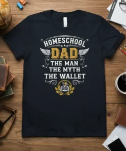 Homeschool Dad The Man The Myth The Wallet quote t-shirt in black with white and gold text
