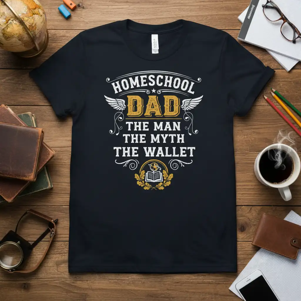 Homeschool Dad The Man The Myth The Wallet quote shirt with wings and book graphic