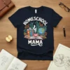 Homeschool Mama t-shirt design with books, globe, and coffee cup, featuring white text on navy fabric