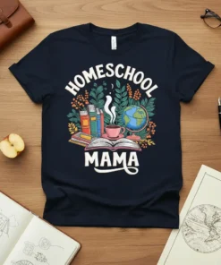 Homeschool Mama t-shirt design with books, globe, and coffee cup, featuring white text on navy fabric