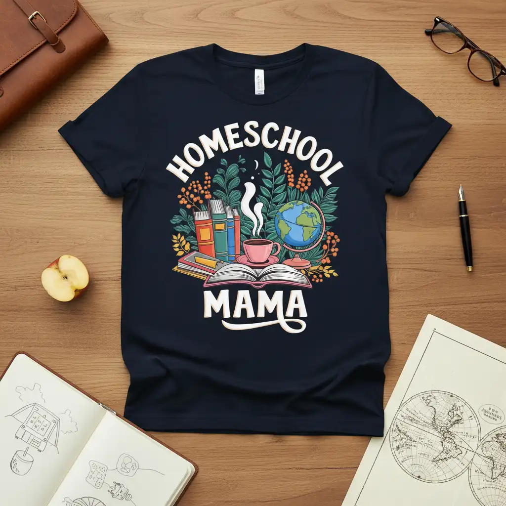 Homeschool Mama text with books, globe, and coffee cup illustration on a navy t-shirt