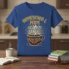 Homeschool Mom Just Add Coffee text with a coffee cup graphic on a blue t-shirt