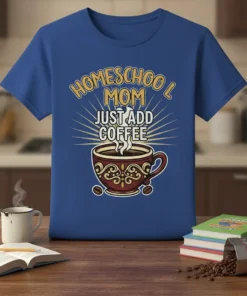 Homeschool Mom Just Add Coffee text with a coffee cup graphic on a blue t-shirt