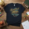 Homeschool Mom Like A Regular Mom But Cooler quote on a navy t-shirt with vintage sunburst and laurel wreath graphic