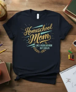 Homeschool Mom Like A Regular Mom But Cooler quote on a navy t-shirt with vintage sunburst and laurel wreath graphic