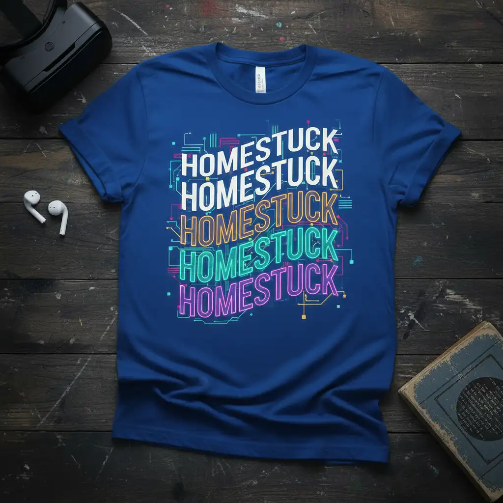 Repetitive HOMESTUCK HOMESTUCK HOMESTUCK HOMESTUCK HOMESTUCK HOMESTUCK text design with neon colors on a blue shirt