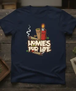 Homies For Life t-shirt design featuring a cartoon joint and lighter with smoke and cannabis leaves