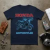 Navy t-shirt with "HONDA MOTORCYCLES" in red and blue neon text, featuring a detailed image of a Honda motorcycle