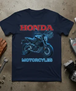 Navy t-shirt with "HONDA MOTORCYCLES" in red and blue neon text, featuring a detailed image of a Honda motorcycle
