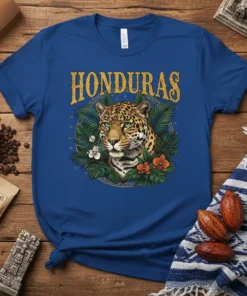 Honduras Jaguar T-Shirt featuring a detailed jaguar face surrounded by tropical leaves and flowers, with "HONDURAS" text above