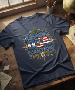 Honduras USA El Salvador text with US and Honduran flags, surrounded by gear graphic and floral elements, on a navy
