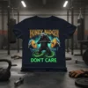 Honey Badger Don't Care text with a honey badger lifting weights and a snake graphic on a navy t-shirt