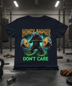 Honey Badger Don't Care text with a honey badger lifting weights and a snake graphic on a navy t-shirt