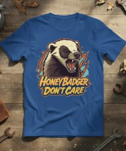 HONEY BADGER DON'T CARE t-shirt featuring a roaring honey badger graphic and bold yellow text