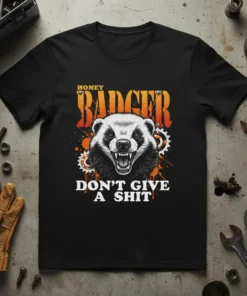 Honey Badger Don't Give A Shit quote t-shirt with a fierce badger illustration and gear graphics