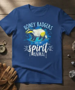 Honey Badgers Are My Spirit Animal quote with a badger graphic on a blue t-shirt