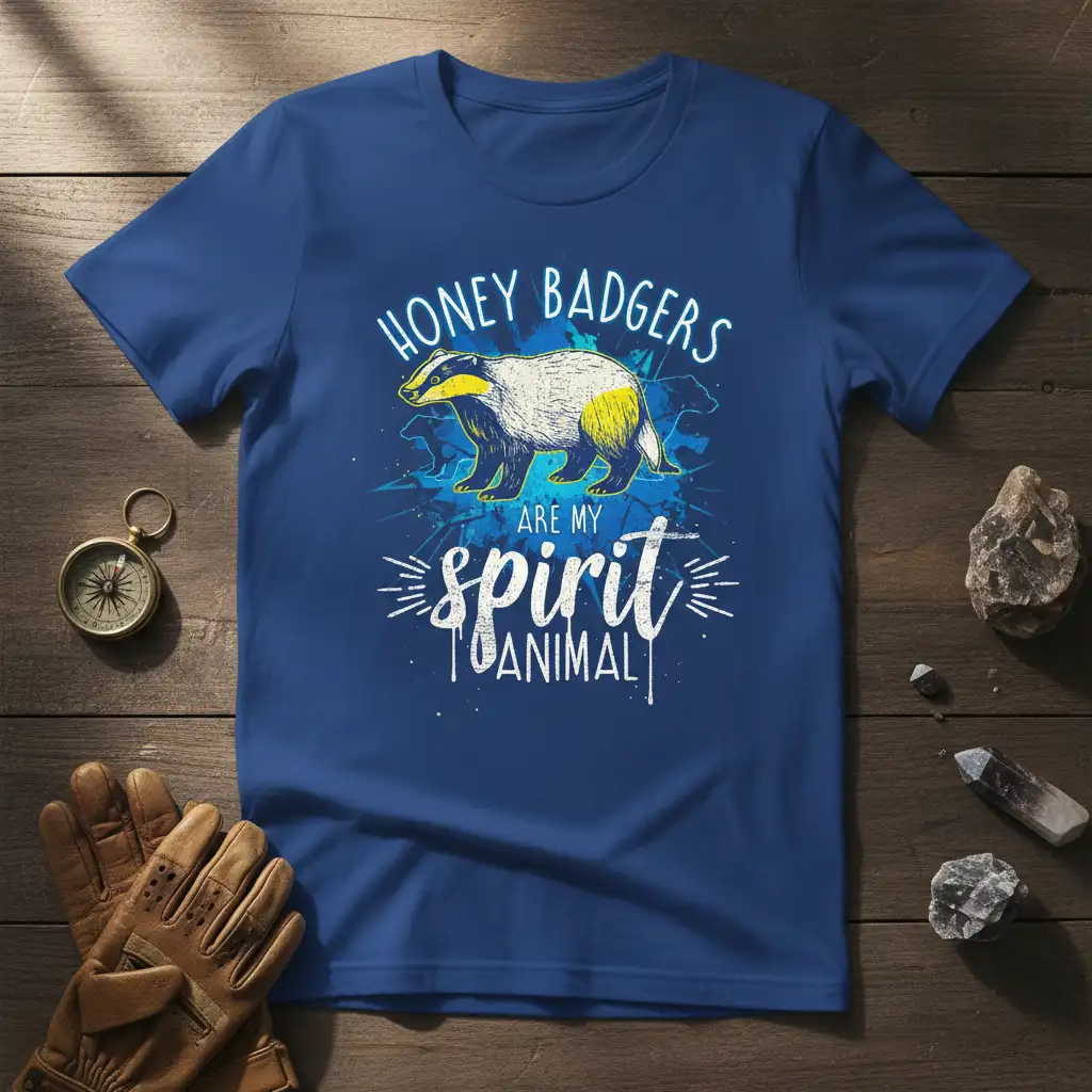 Honey Badgers Are My Spirit Animal quote with a striking honey badger illustration on a blue t-shirt