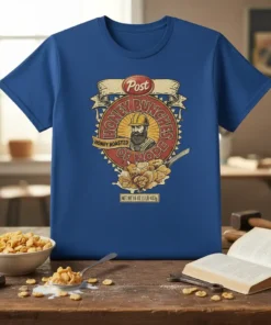 Honey Bunches of Nope funny cereal quote on a royal blue t-shirt, featuring vintage-style typography and a bearded man in
