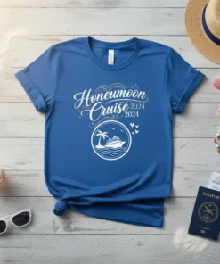 Blue t-shirt with "Honeymoon Cruise 2024 2024" text and a circular graphic of a cruise ship, palm tree, and waves