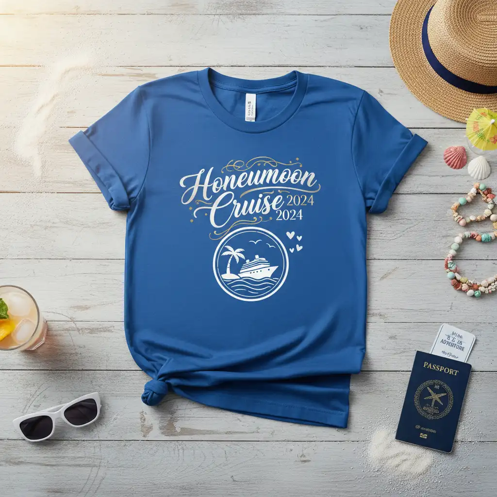 Honeymoon Cruise 2024 2024 text with cruise ship, palm tree, and wave graphic on blue t-shirt