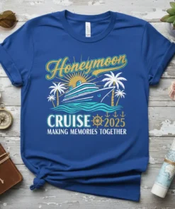 Honeymoon Cruise 2025 Making Memories Together text design with cruise ship and palm trees graphic