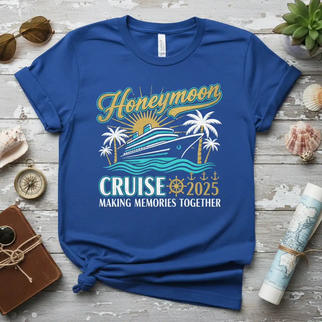 Honeymoon Cruise 2025 Making Memories Together quote with cruise ship and palm trees graphic on a t-shirt