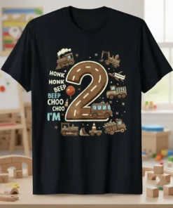 2nd birthday t-shirt with "Honk Honk Beep Beep Choo Choo I'm 2" text and cartoon vehicles like a train and
