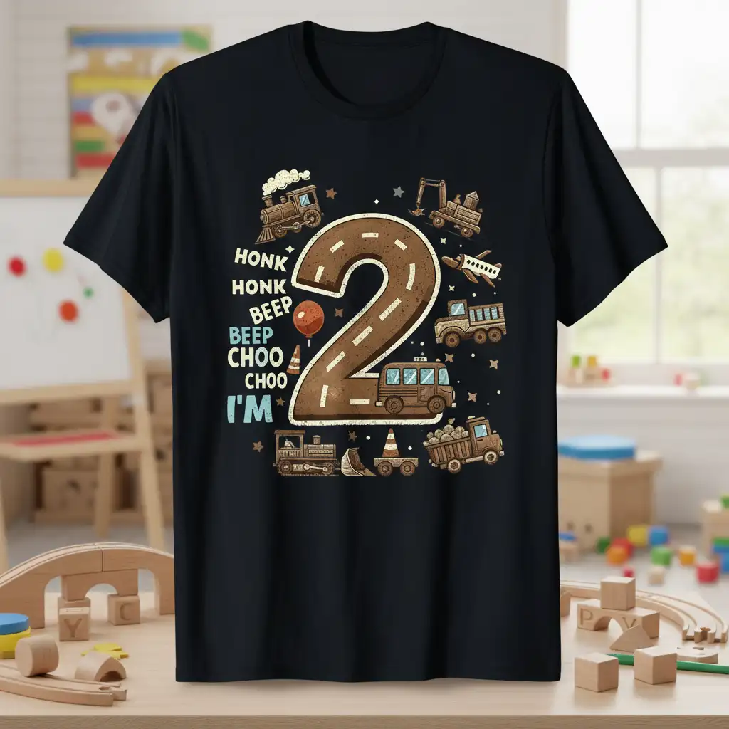 Honk Honk Beep Beep Choo Choo I'm 2nd birthday boy t-shirt with road-themed number 2 and cartoon vehicles