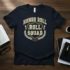 Honor Roll Roll Squad text design with laurel wreath and diplomas on a navy blue t-shirt