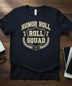 Honor Roll Roll Squad text design with laurel wreath and diplomas on a navy blue t-shirt