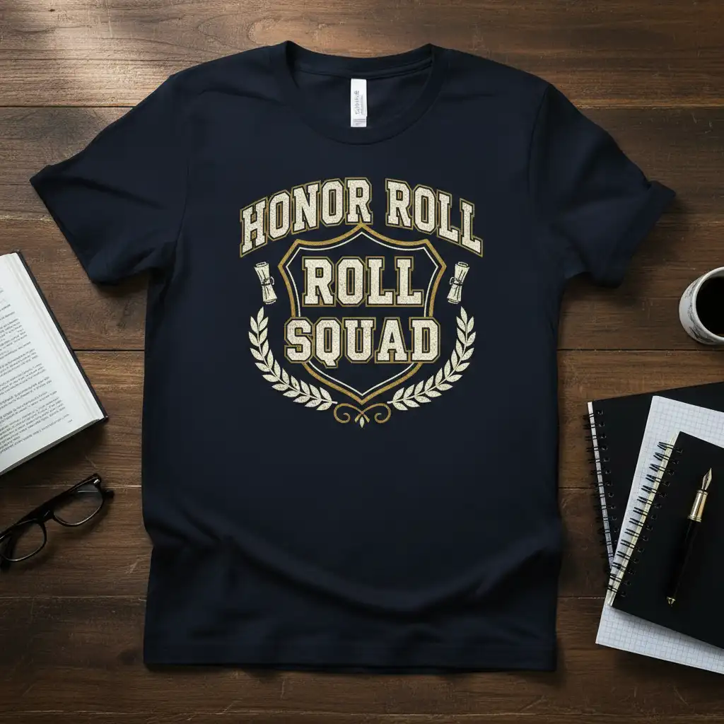 Honor Roll Roll Squad text graphic with diplomas and laurel wreath on a navy t-shirt